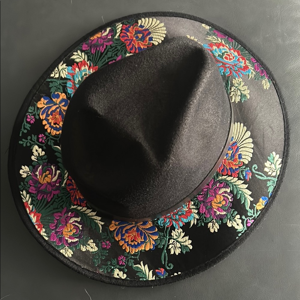 Custom Handmade Embroidered Floral Hat – Mexico Artisan – Black Wide Brim